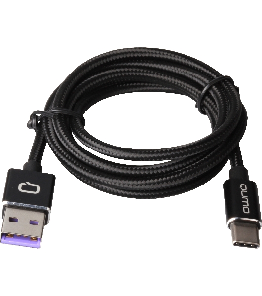 Кабель Qumo Type-С кабель, 1м, USB 2.0, 5В, 5А, 25Вт, тканевая оплетка, стальной коннектор, черный