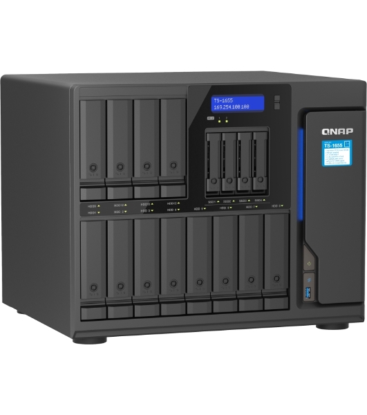 Сетевое хранилище SMB QNAP TS-1655-8G NAS 16-Bay (12x 3.5'/2.5' HDD/SSD bays + 4x 2.5' SSD bays + 2x M.2 2280 SATA slots), Intel Atom C5125 8-core processor, 2.8GHz, 8 Gb DDR4 (1 x 8 GB) up to 128 Gb (4 x 32 GB), 2x 2.5 GbE BASE-T