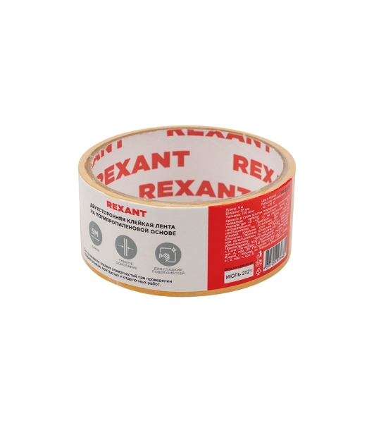 Двухсторонний скотч Rexant, полипропиленовая основа, 38 мм, ролик 5 м