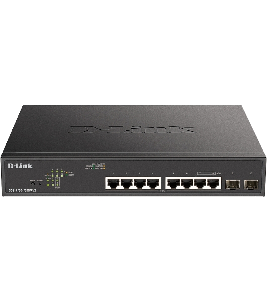 Коммутатор D-Link DGS-1100-10MPPV2/A3A, 8×1 Гбит/с + 2×1 Гбит/с SFP, настраиваемый