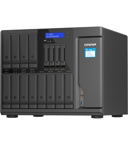 Сетевое хранилище SMB QNAP TS-1655-8G NAS 16-Bay (12x 3.5'/2.5' HDD/SSD bays + 4x 2.5' SSD bays + 2x M.2 2280 SATA slots), Intel Atom C5125 8-core processor, 2.8GHz, 8 Gb DDR4 (1 x 8 GB) up to 128 Gb (4 x 32 GB), 2x 2.5 GbE BASE-T