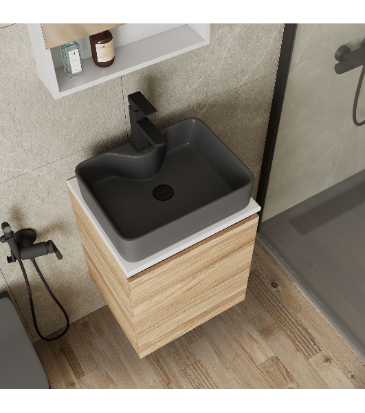 Тумба Bau Dream Blackwood 50 с дверцей, раковина BAU Cerama 48х37 темно-серая матовая, смеситель Hotel Black, черный, выпуск клик клак черный