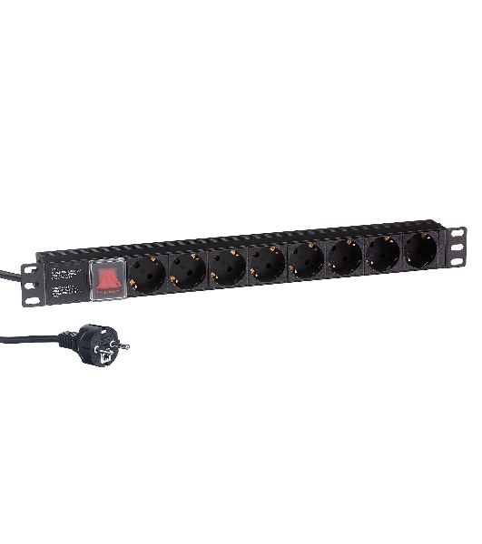 Блок розеток горизонтальный ExeGate ServerPro PDU-19H805 Al-8S-EU3-SW, 19', 1U, Алюминий, 8 Schuko, кабель с евровилкой VDE-250V-16A-3*1.5мм2, 3 метра, выкл. с подсветкой, черный