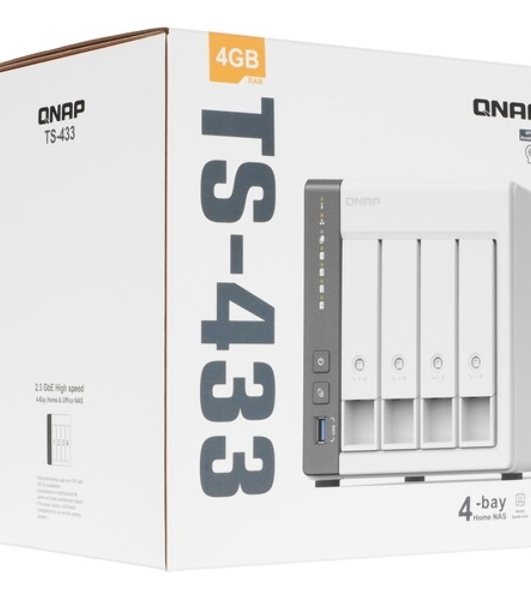Сетевое хранилище SMB QNAP TS-433-4G NAS 4 HDD trays. ARM 4-core Cortex-A55 2.0GHz, ram 4 Gb (max), 1x1GbE, 1x2.5GbE, 2xUSB 2.0 port,1xUSB 3.2 Gen 1