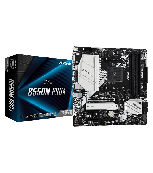 Материнская плата ASRock B550M Pro4, AM4, AMD B550, 4xDDR4, 6xSATA, 2xM.2, 1xPCI-E 3.0 x16, 1xPCI-E 4.0 x16, 1xDisplayPort, 1xHDMI, 1xVGA, 1x 1Gb LAN, 3x3.5 мм, 7.1, Micro-ATX