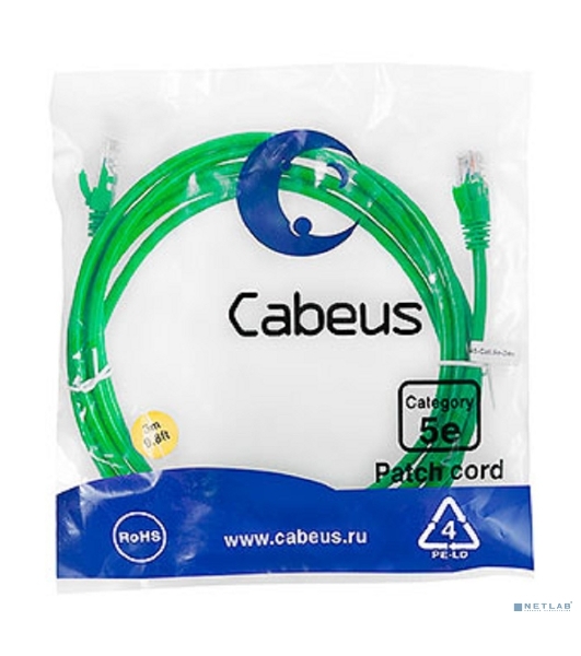 Патч-корд Cabeus, кат. 5е, неэкр., U/UTP, RJ45/RJ45, PVC, AWG24, 3м, зеленый