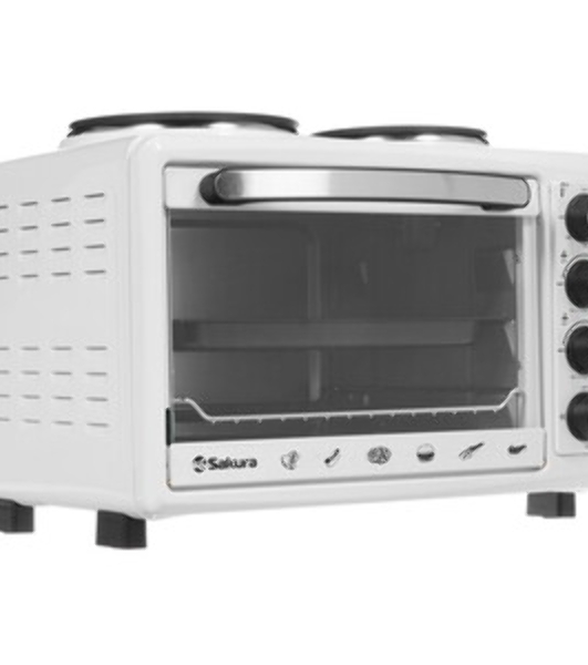 Мини-печь Sakura SA-7001WP 35л, духовка 1600 Вт,, механ.управление, 3 режима работы духовки (верх, низ, верх+низ), таймер на 60 минут, регулировка температуры духовки, комплектация - металлическая решетка, противень, круглая форма для выпечки (230х50 мм), ухват. белый.