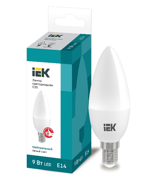 Лампа светодиодная LED 9Вт 230В 4000К E14 свеча LLE-C35-9-230-40-E14 IEK