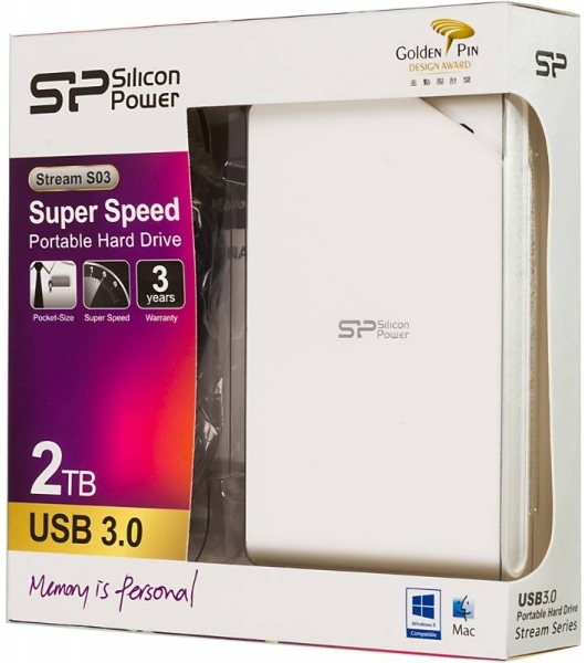 Внешний HDD 2.5' Silicon Power Stream S03, 2TB, USB 3.2 Gen 1 Type-A, 5400 rpm, белый