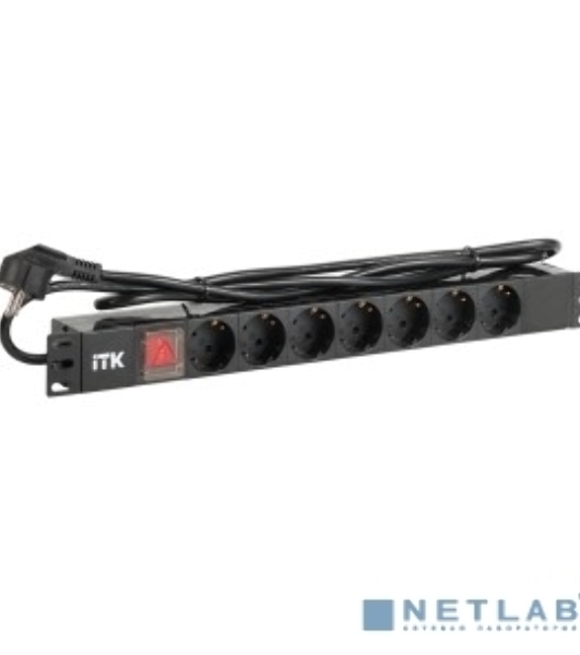 Блок розеток ITK PDU 7 розеток DIN49440 (нем. cтанд.) с LED выключателем, 1U, шнур 2м вилка DIN49441 (нем. станд.), профиль из ПВХ, черный