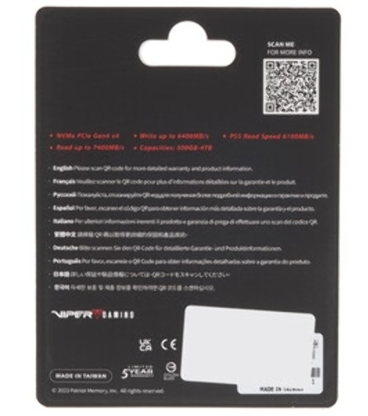 Накопитель SSD Patriot Viper VP4300, 2Tb, PCIe 4.0 x4, M.2 2280, NVMe, R/W 7400/6800, с радиатором