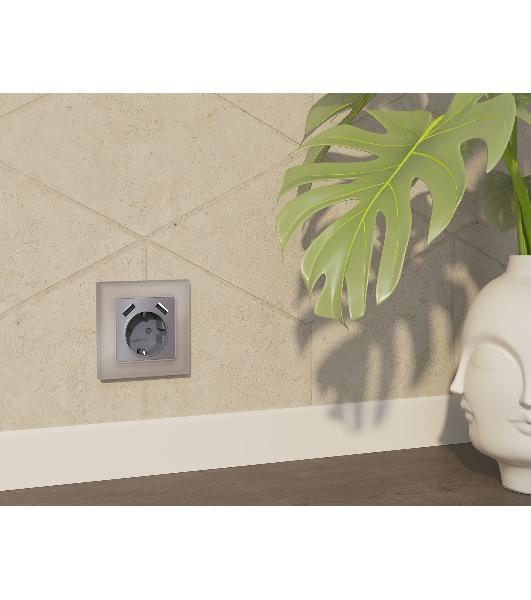 Комплект механизма электрической розетки ALFA Сталь матовый 2USB A+A 18W (быстрая зарядка) с/з QUANT (AP5090, VM155) MA509010
