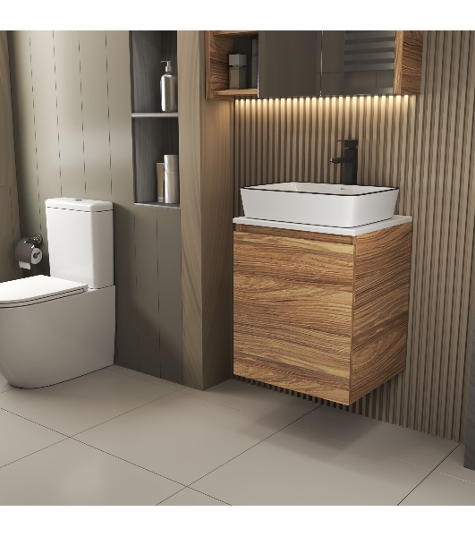 Тумба Bau Dream Blackwood 50 с дверцей, раковина BAU Hotel Black Rand 48х37, смеситель для раковины высокий Hotel Black, черный