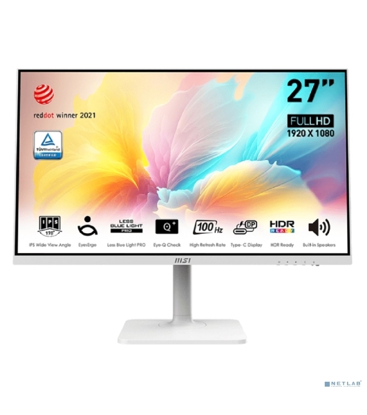 Монитор 27' MSI Modern MD2712PW IPS 1920x1080, 100 Гц, 4 мс, 16:9, 300 кд/м², 1xHDMI, 1xUSB-C, 1x3.5 мм, белый