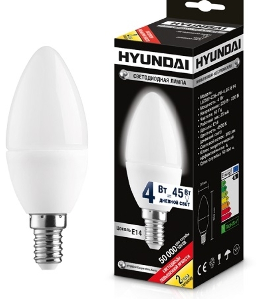 Лампа светодиодная Hyundai LED02-C35-4W-4.5K-E14 (белый свет) cерия Candle (уп-ка 20/100 шт)