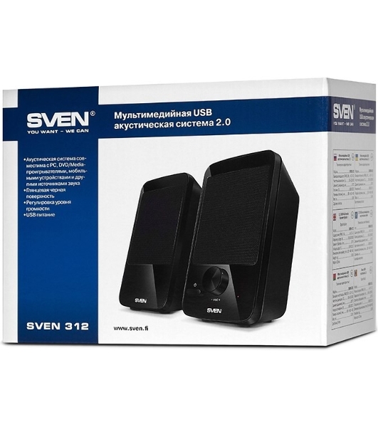 Акустическая система SVEN 312, черный 2.0, 100 – 20 000 Гц, 4Вт