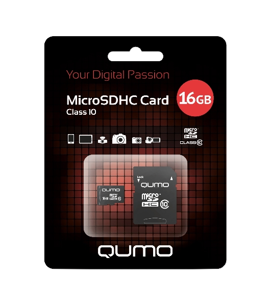 Флеш карта QUMO MicroSDHC 16Gb Сlass 10, адаптер в комплекте SD, черно-красная картонная упаковка