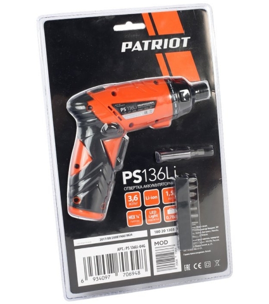 Отвертка аккумуляторная PATRIOT PS 136Li Li-Ion, 3.6 В/1,5 Ач, Реверс, 200 об/мин, 3,5 Нм, патрон: НЕХ 1/4'