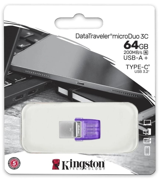 Флешка USB Kingston DataTraveler microDuo 3C (DTDUO3CG3/64Gb), 64Gb, USB 3.2 Gen 1/Type-C, R/W 200/15, фиолетовый