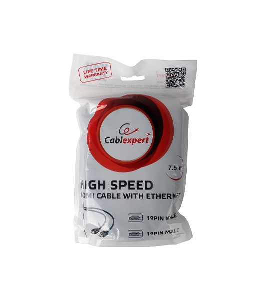 Кабель Cablexpert HDMI CC-HDMI4-7.5M, 19M/19M, v2.0, медь, позол.разъемы, экран, 7.5м, черный, пакет