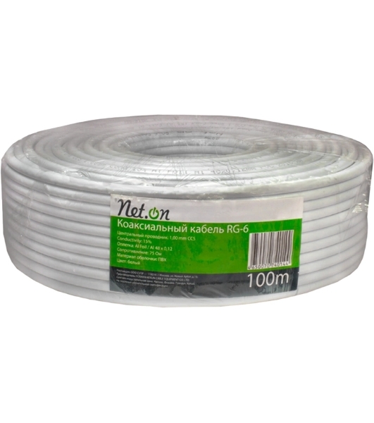 Кабель коаксиальный RG-6 CCS 1.02 (21проц.)/FPE/Al-Pet-Al Foil Unbonded/Al 64х0.12/PVC RW белый (уп.100м) Net.On 109L