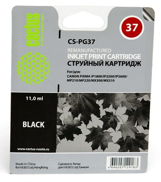 Картридж струйный Cactus CS-PG37 черный (9 мл) для Canon Pixma iP1800/iP1900/iP2500/iP2600/MP140/MP190/MP210/MP220/MP470/MX300/MX310a