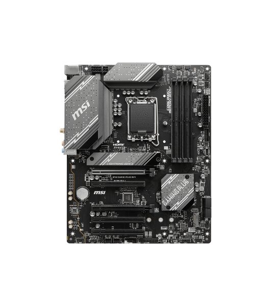Материнская плата MSI B760 GAMING PLUS WIFI, LGA 1700, Intel B760, 4xDDR5, 4xSATA, 2xM.2, 1xPCI-E 4.0 x16, 3xPCI-E 3.0 x1, 1xDP, 1xHDMI, 1x 2.5Gb LAN, 2xUSB-A 3.2 Gen 2, 4xUSB 2.0, 5x3.5 мм, 7.1, Standard-ATX