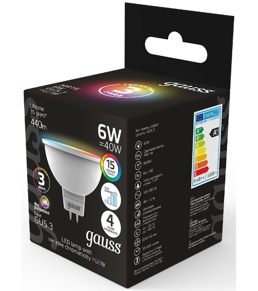 Лампа cветодиодная Gauss Smart MR16 6W GU5.3 RGbW+dim 1/10/100