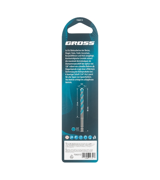 Сверло универсальное Gross Multipurpose PRO, 6-гр. хвостовик, 8мм