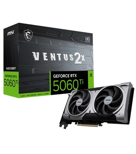 Видеокарта MSI RTX 5060 Ti VENTUS 2X OC PLUS, NVIDIA RTX 5060 Ti, 16 ГБ GDDR7, 128 бит, PCI-e 5.0, 1xHDMI, 3xDP, 2602 МГц