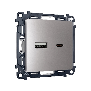 Комплект механизма розетки ALFA Сталь матовый 2USB A+C 20W (быстрая зарядка) QUANT (AP5110, VM177) MA511010