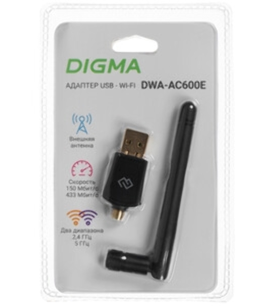 Сетевой адаптер Wi-Fi Digma DWA-AC600E AC600 USB 2.0 (ант.внеш.съем) 1ант. (упак.:1шт)