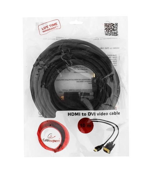 Кабель HDMI-DVI Cablexpert CC-HDMI-DVI-10MC, 19M/19M, single link, медь, позол.разъемы, экран, 10м, черный, пакет