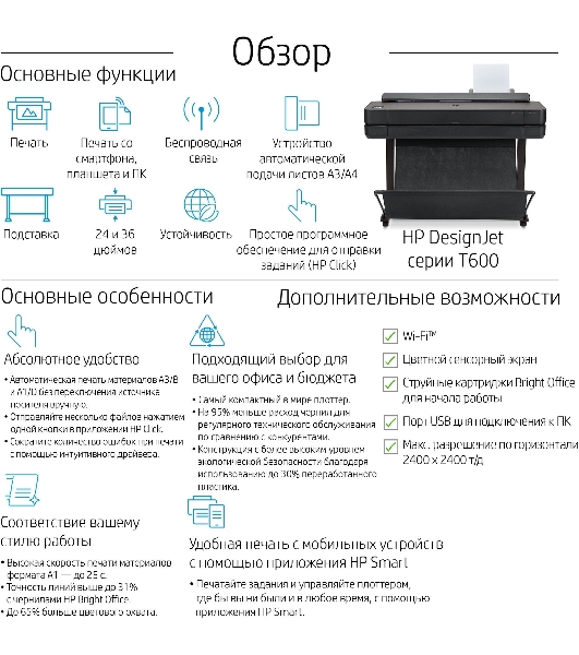 Плоттер струйный HP Designjet T650 (5HB10A), A0, 36', цветной, 914 мм, 2400x1200 dpi, USB, Gigabit Ethernet, WiFi