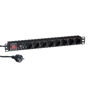 Блок розеток горизонтальный ExeGate ServerPro PDU-19H807 Al-8S-EU2-SW-SPD1, 19', 1U, Алюминий, 8 Schuko, кабель с евровилкой VDE-250V-16A-3*1.5мм2, 2 метра, выкл. с подсветкой, SPD1, черный