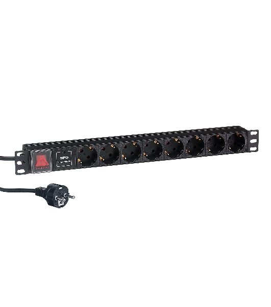 Блок розеток горизонтальный ExeGate ServerPro PDU-19H807 Al-8S-EU2-SW-SPD1, 19', 1U, Алюминий, 8 Schuko, кабель с евровилкой VDE-250V-16A-3*1.5мм2, 2 метра, выкл. с подсветкой, SPD1, черный
