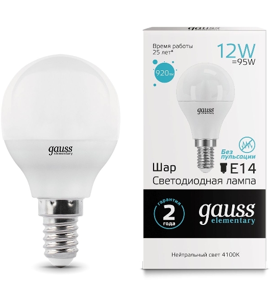 Лампа светодиодная Gauss Elementary 12Вт цок.: E14 шар 220B 4100K св. свеч. белый ней. (упак.: 10 шт)