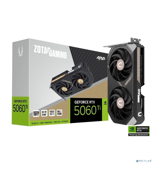 Видеокарта Zotac PCI-E 5.0 RTX 5060TI 16Gb AMP NVIDIA GeForce RTX 5060TI 16Gb 128bit GDDR7 2572/28000 HDMIx1 DPx3 HDCP Ret