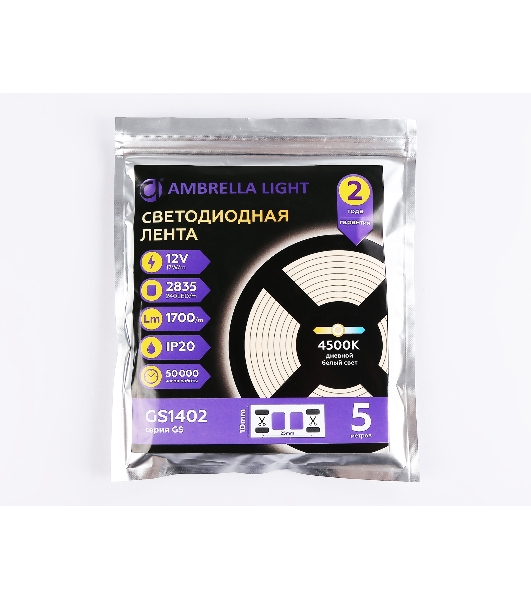 Светодиодная лента Ambrella light GS1402 2835 240Led/ 17W m/ 12V IP20 4500K/ 5000*10*1.2mm (2 конт.)