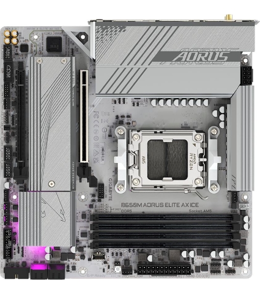 Материнская плата GIGABYTE B650M AORUS ELITE AX ICE, AM5, AMD B650, 4xDDR5, 4xSATA, 2xM.2, 1xPCIe 4.0 x16, 1xPCIe 4.0 x4, 1xDP, 1xHDMI, 1x2.5Gb LAN, Wi-Fi 6E, Bluetooth 5.3, S/PDIF, 2xUSB-C 10Gbps, 2xUSB-A 10Gbps, 5xUSB-A 5Gbps, 4xUSB-A 2.0, 2x3.5 мм, 7.1, mATX