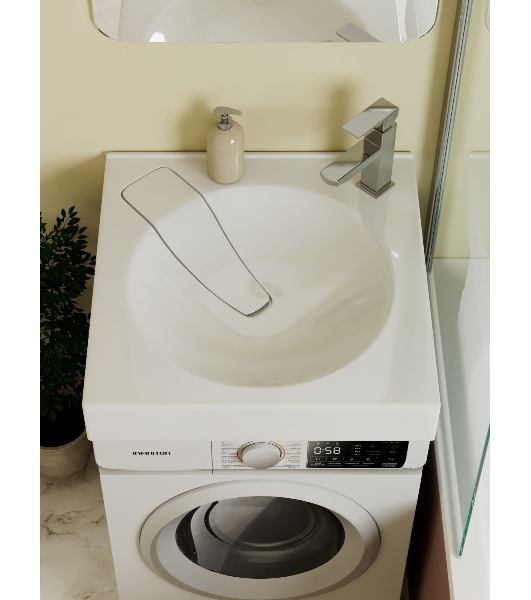 Комплект BAU 4 в 1: раковина над стиральной машиной BAU Element 60х60, литьевой мрамор, кронштейны, выпуск и смеситель Hotel Still, нержавеющая сталь