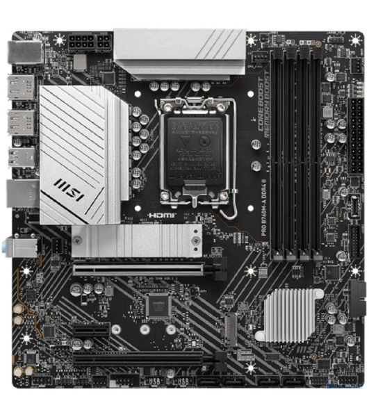 Материнская плата MSI PRO B760M-A DDR4 II, LGA1700, Intel B760, 4xDDR4, 4xSATA, 2xM.2, 1xPCIe 4.0 x16, 1xPCIe 4.0 x4, 1xPCIe 3.0 x1, 2xDP, 2xHDMI, 1x2.5Gb LAN, 2xUSB-A 10Gbps, 2xUSB-A 5Gbps, 2xUSB-A 2.0, 3x3.5 мм, 7.1, mATX