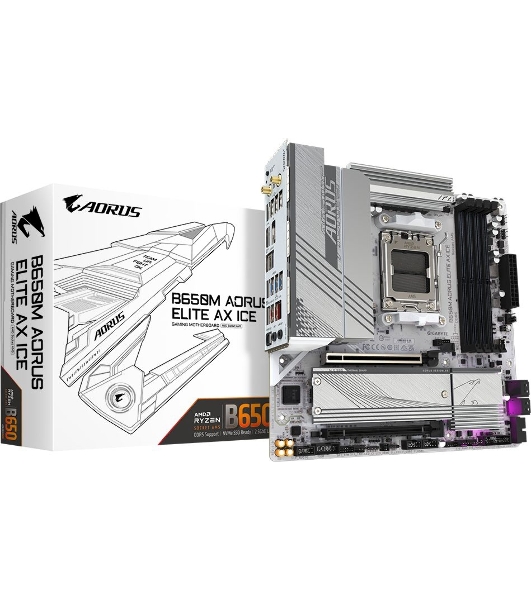 Материнская плата GIGABYTE B650M AORUS ELITE AX ICE, AM5, AMD B650, 4xDDR5, 4xSATA, 2xM.2, 1xPCIe 4.0 x16, 1xPCIe 4.0 x4, 1xDP, 1xHDMI, 1x2.5Gb LAN, Wi-Fi 6E, Bluetooth 5.3, S/PDIF, 2xUSB-C 10Gbps, 2xUSB-A 10Gbps, 5xUSB-A 5Gbps, 4xUSB-A 2.0, 2x3.5 мм, 7.1, mATX