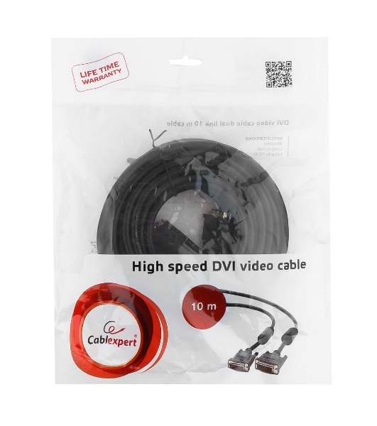 Кабель DVI-D dual link Gembird/Cablexpert CC-DVI2-BK-10M, 25M/25M, 10м, черный, экран, феррит.кольца, пакет