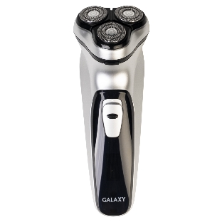Электробритва Galaxy Line GL 4209, серебряный с черным, роторная, аккумуляторная, 5 Вт, Li-Ion аккумулятор емкостью 600 мА*ч, время непрерывной работы до 1,5 ч, ножи из нержавеющей стали, 3 независимые плавающие головки, возможность промывки бреющего блока, индикатор заряда и работы, встроенный триммер для подравнивания висков, USB зарядка