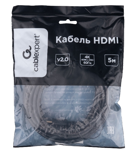 Кабель HDMI Cablexpert CC-HDMI4L-5M, 19M/19M, v2.0, Light, позол.контакты, экран, 5м, черный, пакет