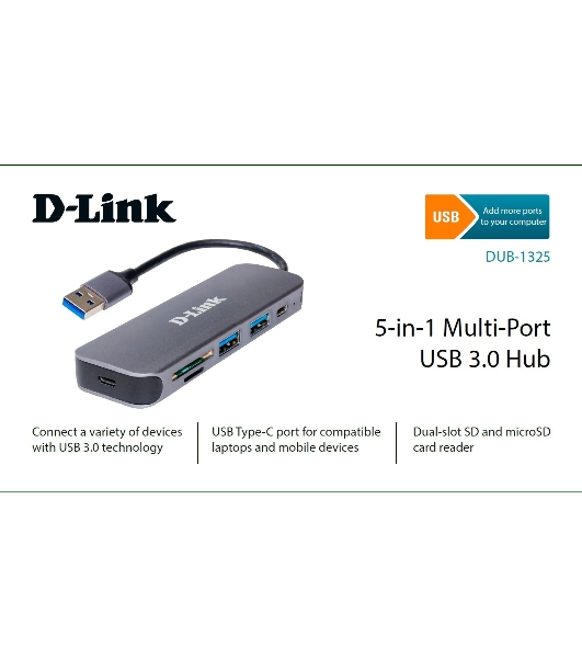 USB-концентратор D-Link DUB-1325/A1A, USB 3.0, USB 3.0/USB Type-C, SD/microSD, адаптер/USB