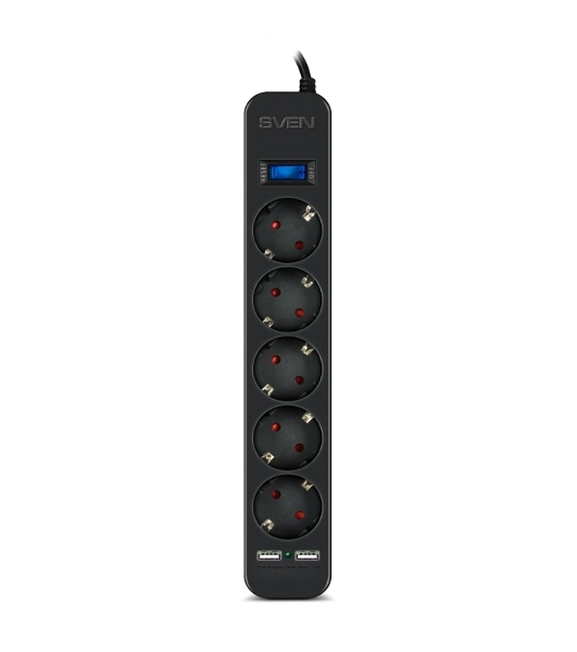 Фильтр SVEN SF-05LU 1,8 м (5 евро розеток,2хUSB(2,4А)) черный, цветная коробка Surge protector SVEN SF-05LU 1,8 м (5 евро розеток,2хUSB(2,4А)) черный, цветная коробка