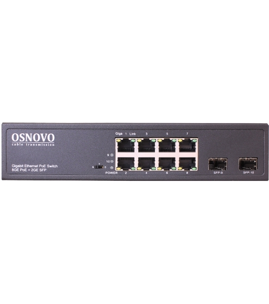 Коммутатор Osnovo Гигабитный PoE коммутатор на 10 портов, 8 *10/100/1000 Base-T PoE, 2*SFP 1000 Base-T, PoE на порт до 30W, суммарно до 150W