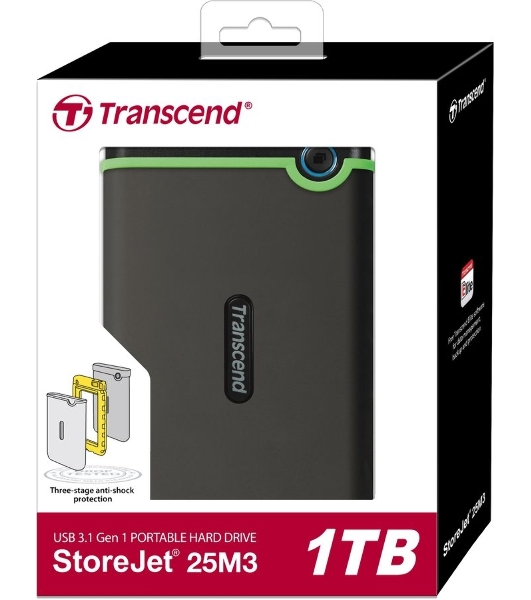 Внешний HDD 2.5' Transcend StoreJet 25M3, 1TB, USB 3.2 Gen 1 Type-A, 5400 rpm, серый
